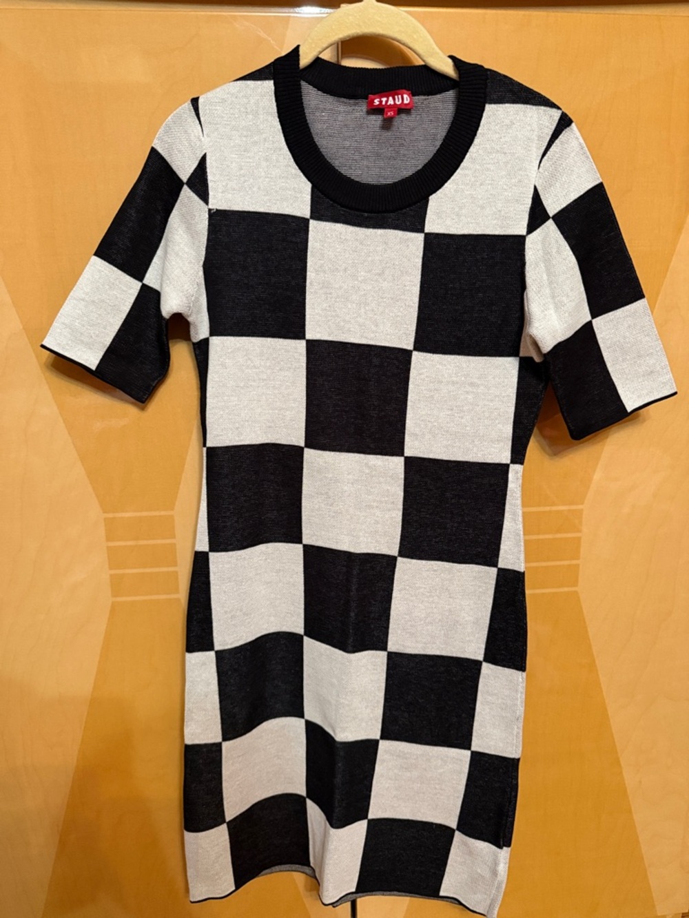 STAUD Black and White Checkerboard Knit Dress